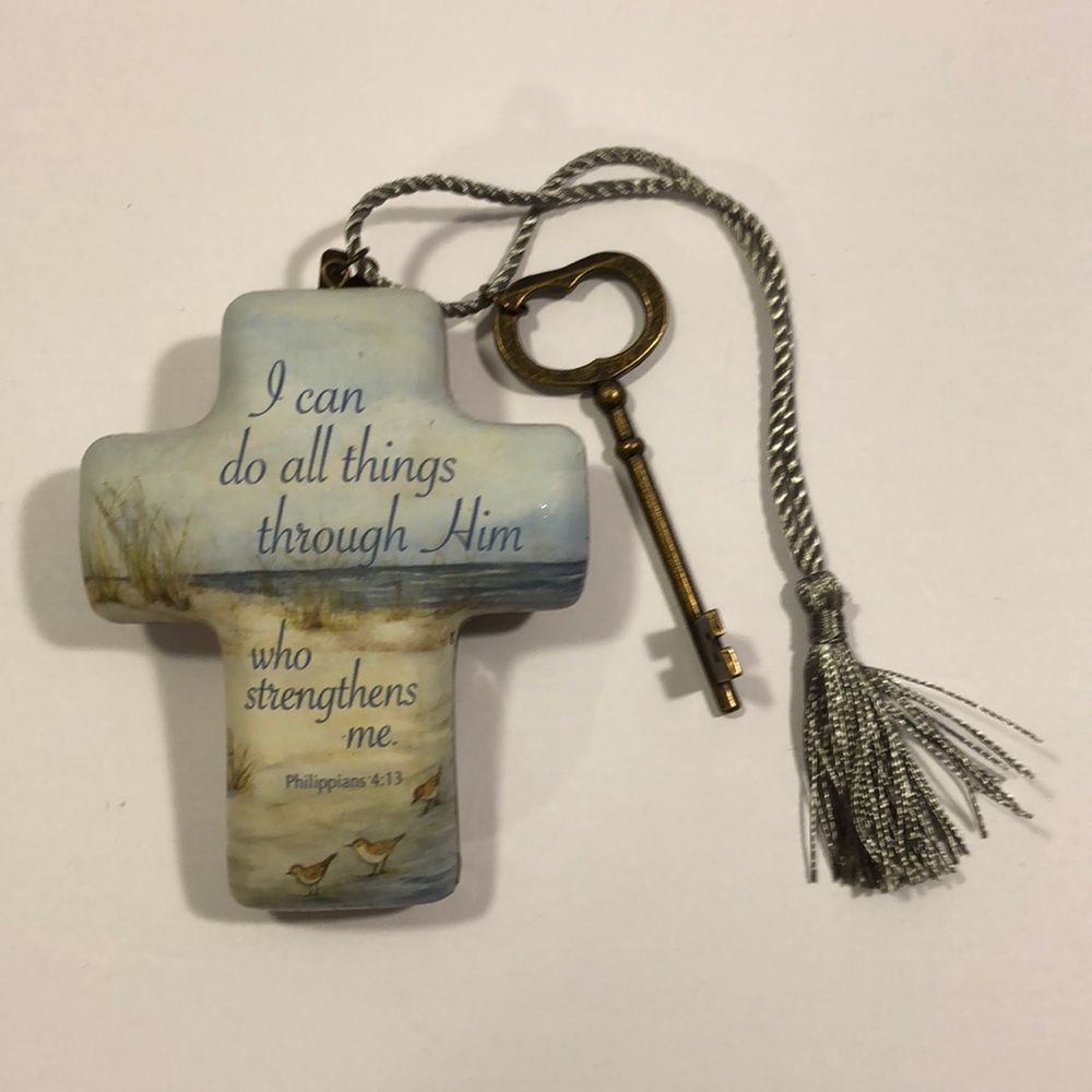 Artful cross key on cord with a  beautiful saying